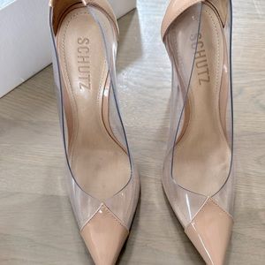 Schutz Beige Patent Leather & Vinyl Pumps